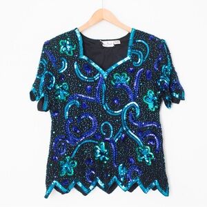 Laurence | Kazar Vintage 80's Silk Short Sleeve Blue Sequin Beaded Top | Size M